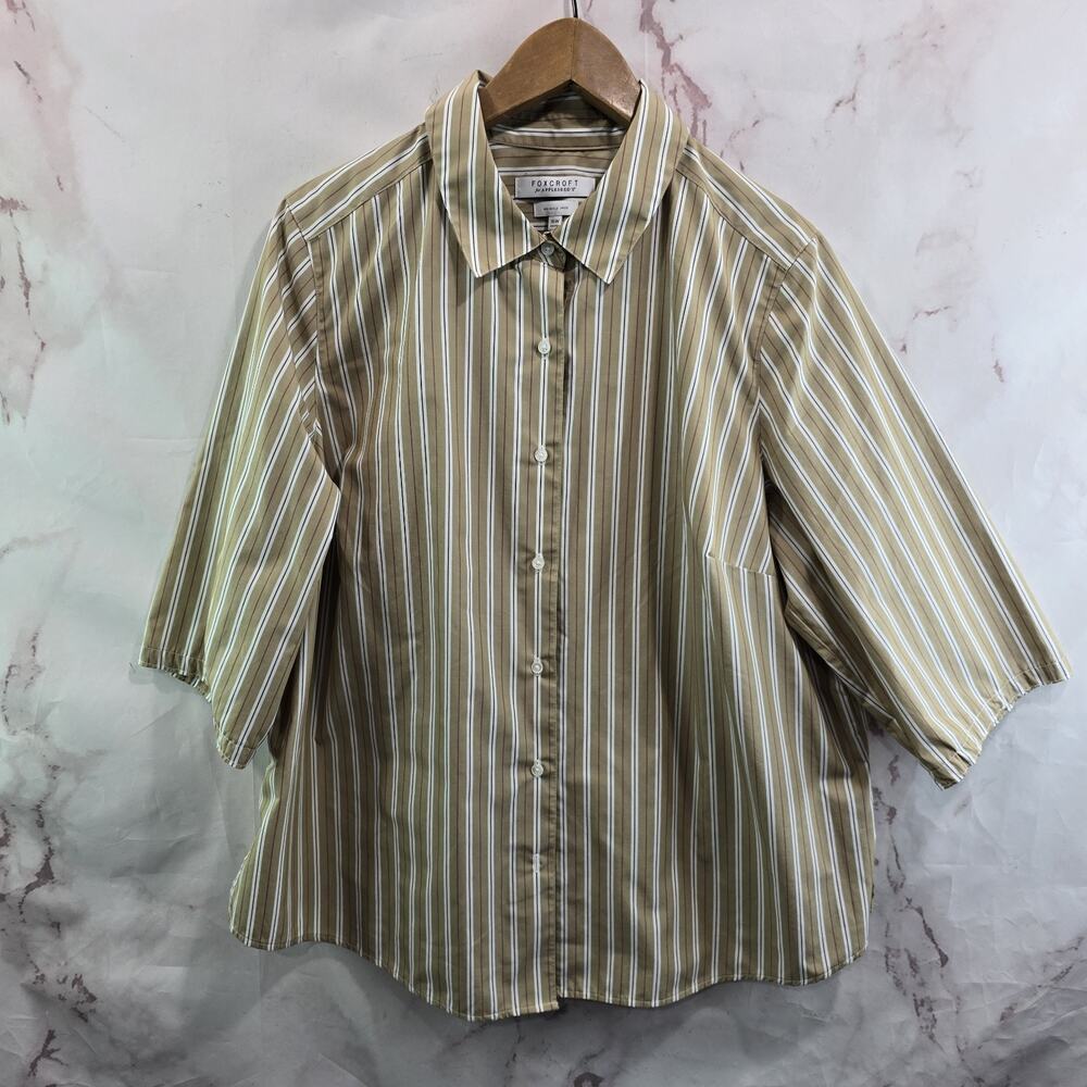 Foxcroft Shirt Women 16W Beige White Tan Striped Button Up Wrinkle Free Shaped